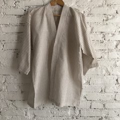 Kimono Curto Linho Listras Bege e Branco
