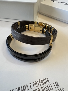 Pulseira Couro Preto Banhado em Ouro 18k na internet