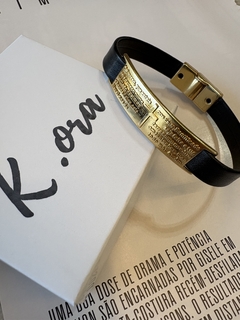Pulseira Couro Preto Oração do Pai Nosso Banhado em Ouro 18k - comprar online