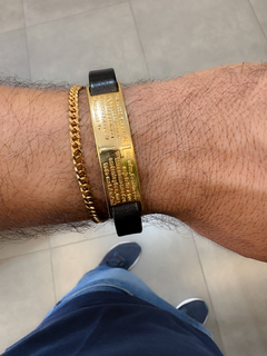 Pulseira Couro Preto Oração do Pai Nosso Banhado em Ouro 18k na internet