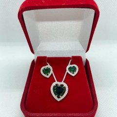 Conjunto Colar e Brincos Coração Iluminado Verde C0076 Prata