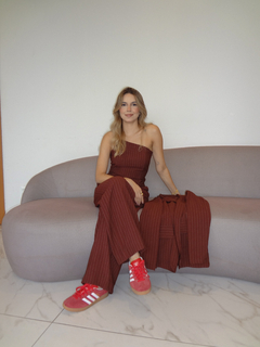 Trio Risca de Giz: Blusa Corset, Calça e Blazer - Vinho amadeirado - loja online