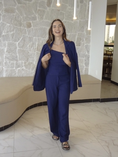 Trio Risca de Giz: Blusa Corset, Calça e Blazer - Azul marinho - LA BRIZ