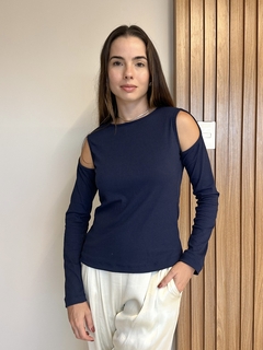 Blusa Fernanda com recorte nos ombros - Azul marinho - loja online