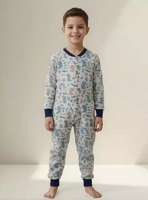 Pijama macacão infantil  menino de manga longa com estampa colorida de dinossauros em moletinho flanelado