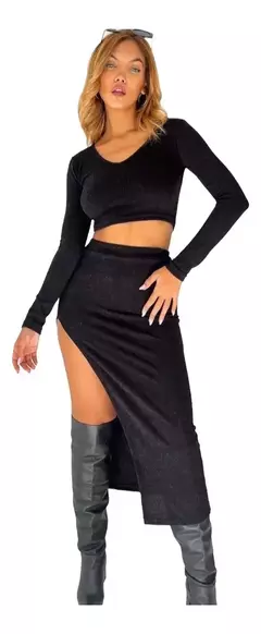 Conjunto Top Y Pollera Larga Con Tajo Lanilla
