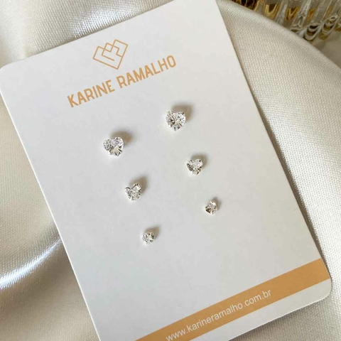 Trio de brincos ponto de luz coração cristal prata 925