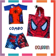 Combo Poncho Toalla + Short de Baño + Remera de Agua Hombre Araña