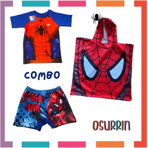 Combo Poncho Toalla + Short de Baño + Remera de Agua Hombre Araña