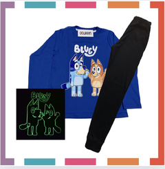 Pijama BLUEY estampa GLOW que BRILLA en la oscuridad 100% algodón peinado premium