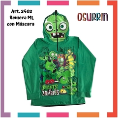 Remera de algodón con máscara y estampa de PLANTAS VS ZOMBIES. T4 al 14.
