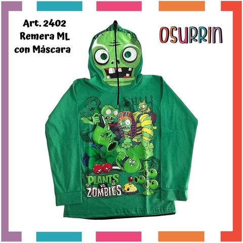 Remera de algodón con máscara y estampa de PLANTAS VS ZOMBIES. T4 al 14.