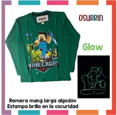Remera ML GLOW que BRILLA en la oscuridad 100% algodón peinado premium MINECRAFT - comprar online