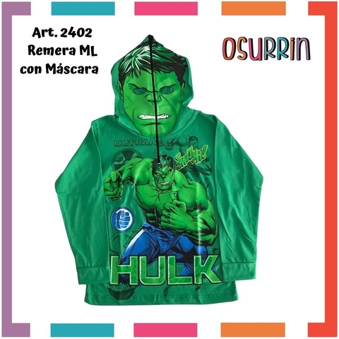 Remera de algodón con máscara y estampa de HULK. T4 al 14.