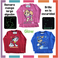 Remera ML GLOW que BRILLA en la oscuridad 100% algodón peinado premium PATRULLA CANINA - Chase - Marshall y Skye en internet
