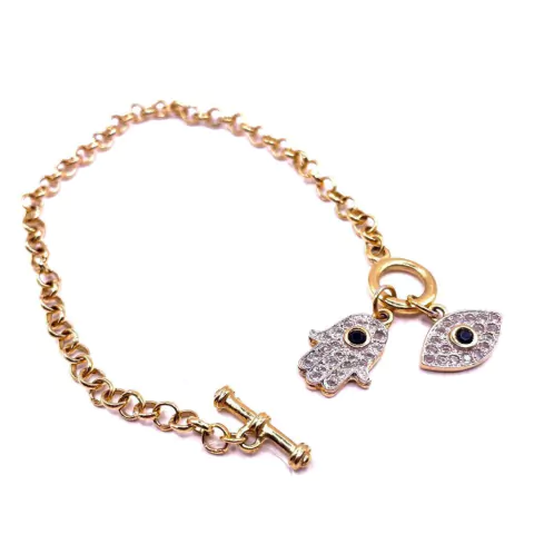 Pulseira folheada elo português, fecho T, pingente mão e olho cravejados By Peça Rara