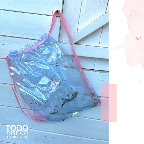Mochila PVC glitter cordón rosa