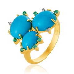 Imagem do ANEL BRILHANTES, ESMERALDA E TURQUESA OURO 18K