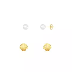 Kit 2 Brincos Folheado a Ouro 18k Concha e Pérola P