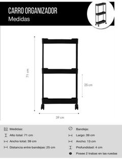 Carro Organizador 3 Estantes Para Hogar Multiusos Negro