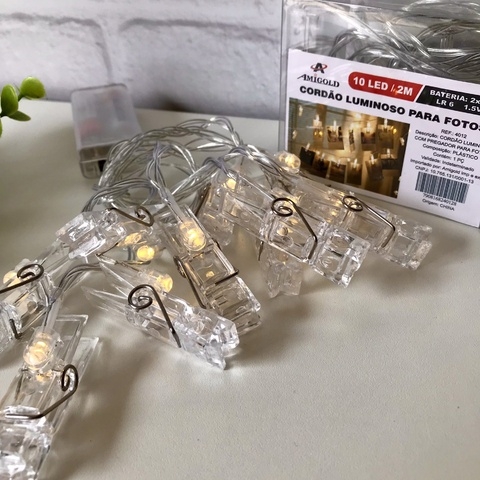 Cordão Luminoso LED para Fotos com 10 pregadores 2m extensão