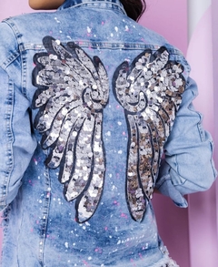 jaqueta jeans asas prateadas
