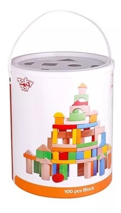 Balde Bloques 100 Piezas Madera Encastre - Tooky Toy - Juguetería Pekita's