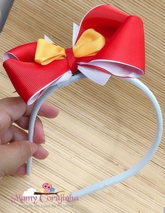 Lindo laço removível vermelho/amarelo com tiara - Mamy Corujinha