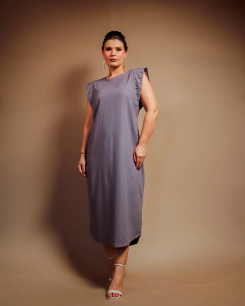 VESTIDO MIDI LINHO MISTO CORTE QUADRADO PALA CAVA FRISO CINZA - 51233