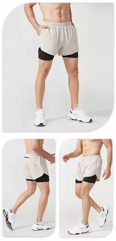 Calções de corrida masculina de secagem rápida fitness preto dupla camada shorts na internet