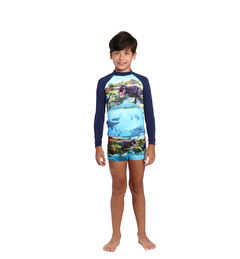Blusa de Sol Siri Kids Estampa Dino World Azul
