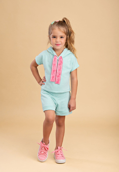 Conjunto Bika Kids Shorts Fleece e Cropped com Capuz Verde Água