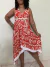 Vestido Saia De Amarrar Alça De Corda Beija Flor Vermelho e Branco