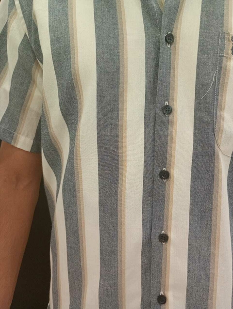 Camisa Rayada Lino M/c 1 Bols. C/ Boton En El Cuello (9870)