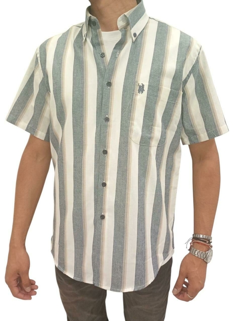 Camisa Rayada Lino M/c 1 Bols. C/ Boton En El Cuello (9870) - comprar online