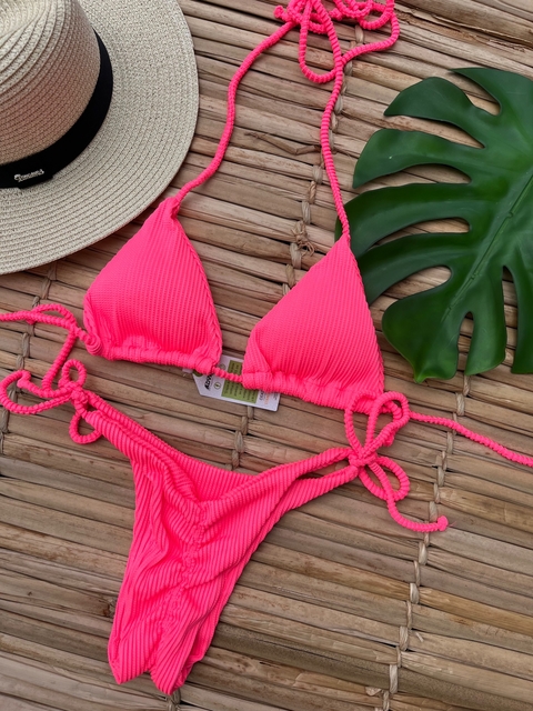 Biquini cortininha rosa neon