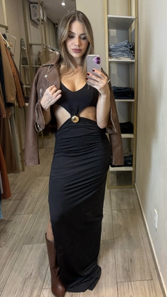 Vestido longo preto com detalhe dourado - Thália Lima Store