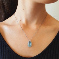 Conjunto Brinco e Colar Cristal Azul Água Marinha Zircônias Lapidação Lágrima Ródio Branco na internet