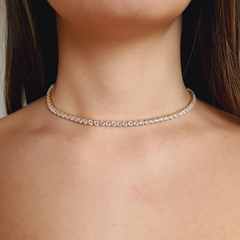 Colar Choker Riviera Dourado Zircônias Brancas Cravejadas Banho Ouro 18K