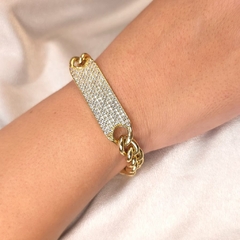 Pulseira Elo Liso Placa Cravejado Cristal banhado em ouro 18k