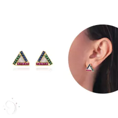 Brinco Triângulo Cravejado Colorido Ponto de Luz Cristal banhado em ouro 18k