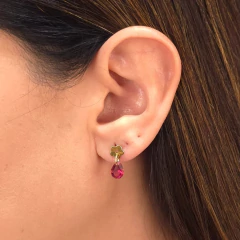 Brinco Flor Pingente Gota Vermelho banhado em ouro 18k