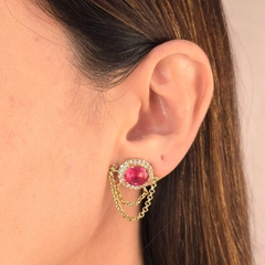 Brinco Oval Fixo Rosa Borda Cravejada + Corrente Dupla banhado em ouro 18k