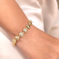 Pulseira Corações Cheios Lisos e Cravejado Cristal banhado em ouro 18k