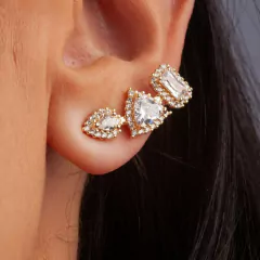 Brinco Retângulo Coração Gota Cristal Cravejado Cristal banhado em ouro 18k