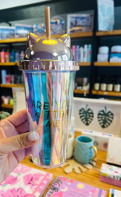 VASO PLÁSTICO CON BOMBILLA GATITO ROSA