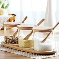 SET X3 FRASCOS TAPA BAMBOO CON CUCHARA EN BASE