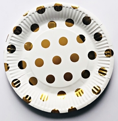 Plato Blanco con Lunares Dorado x 10 un