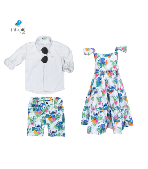 Conjunto irmãos Stitch / - Vestido e Bermuda (duas peças)