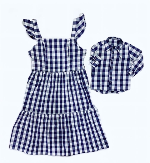 Kit Vestido Midi e camisa - Xadrez azul| Tal mãe, tal filho (duas peças) |Fazendinha